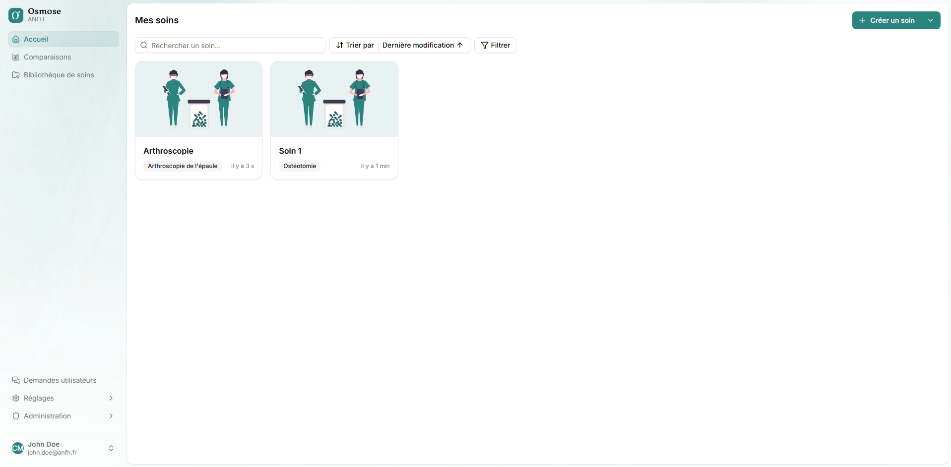Tableau de bord Osmose affichant la liste des soins avec recherche, tri et filtres